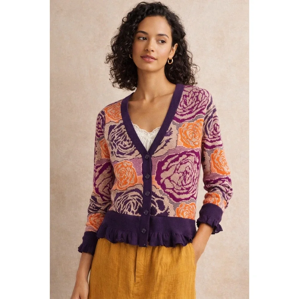 Sleeping on‎ Snow Floral Knit Cardigan L Angora Blend Ruffle Hem